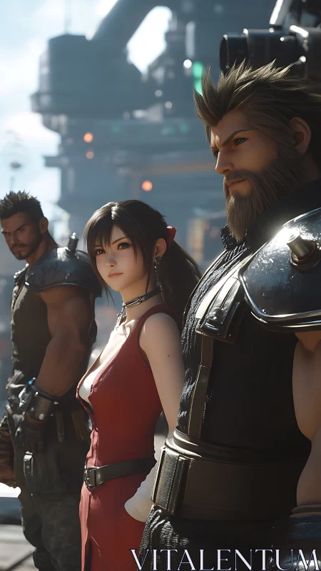 Heroic trio in industrial sci-fi corridor, cinematic lighting.