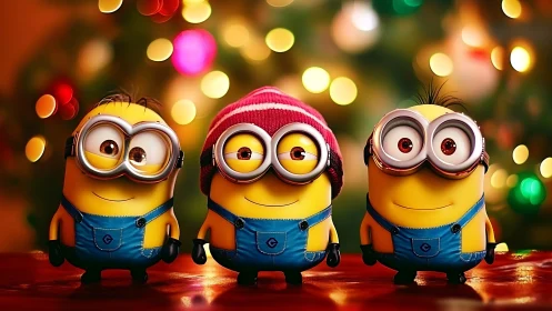 Three stylized yellow mascots in denim before festive bokeh