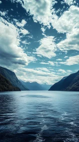 Mountain fjord panorama under dramatic cumulus sky.