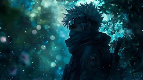 Masked anime warrior in blue forest bokeh scene at night.