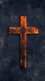 Rust-textured orange cross on dark rough concrete background.