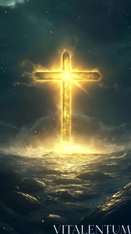 Radiant golden cross shining with hope above stormy sea.