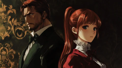 Two anime characters stand back to back in formal clothing