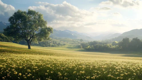 Sunlit lone tree above rolling fields of golden flowers.