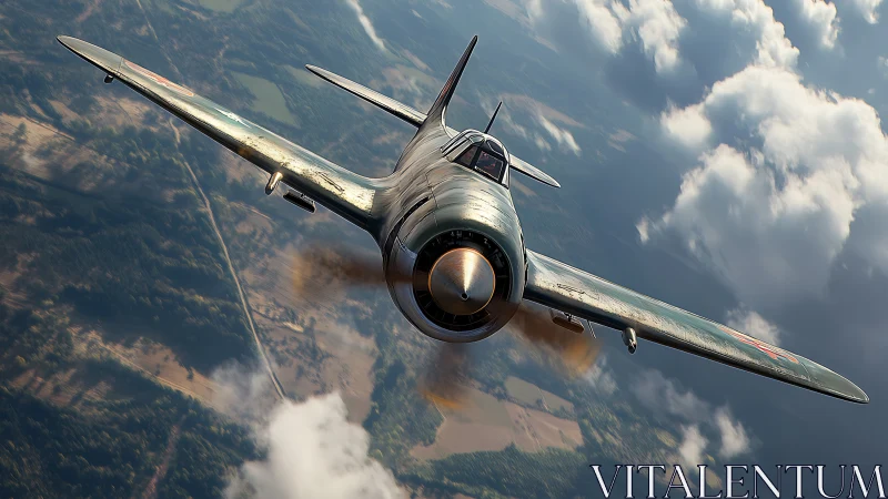 World War II fighter aircraft banking through sunlit clouds.