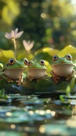 Sunny pond trio of wide-eyed frogs sharing quiet delight.