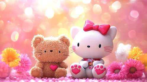 Plush Bear and Anthropomorphic Feline Figure in Floral Bokeh Environment