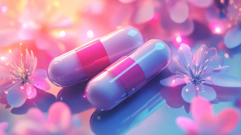 Gradient capsules with glowing botanical elements in soft focus.