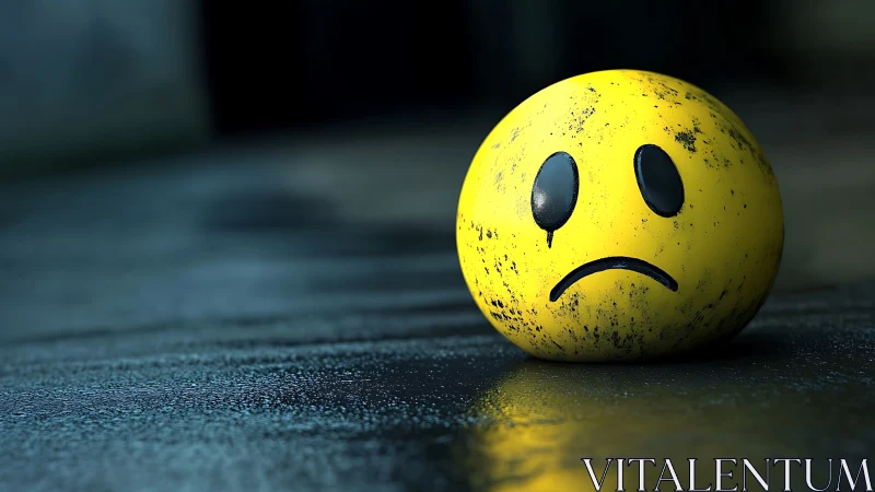 Melancholy smiley marooned on a rain-dark urban street.