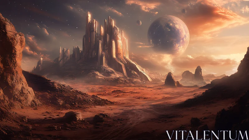 Glowing alien citadel rising above a quiet red desert.