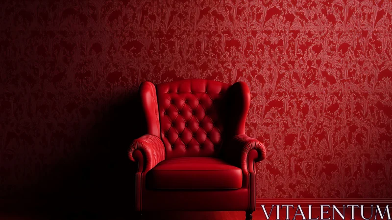 Red leather wingback chair against patterned wall.