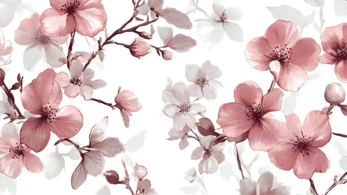 Botanical Watercolor Study: Pink and White Cherry Blossoms.