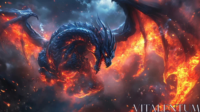 Fiery black dragon soaring through blazing storm sky.