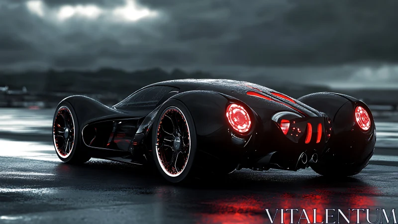 Futuristic black hypercar with neon red rear lights on runway.