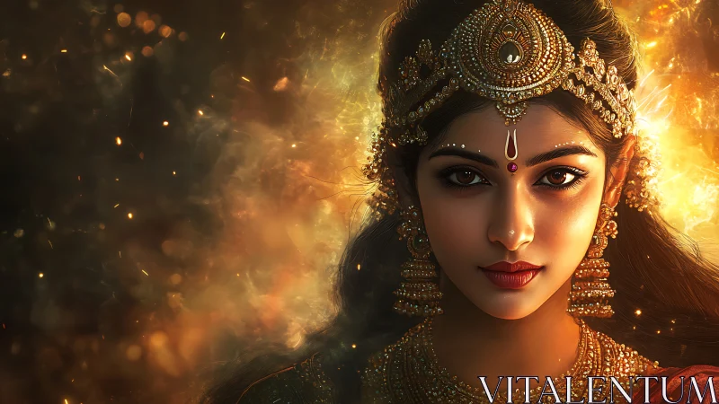 Regal goddess portrait burns with golden celestial fire.