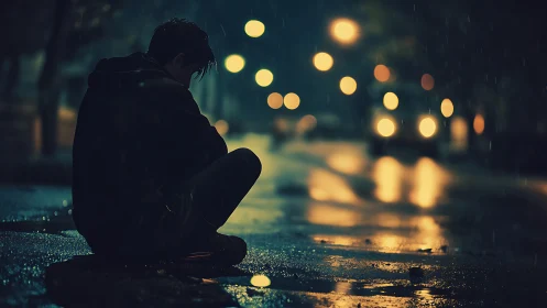 Rain-soaked loner beneath trembling city lights at midnight.