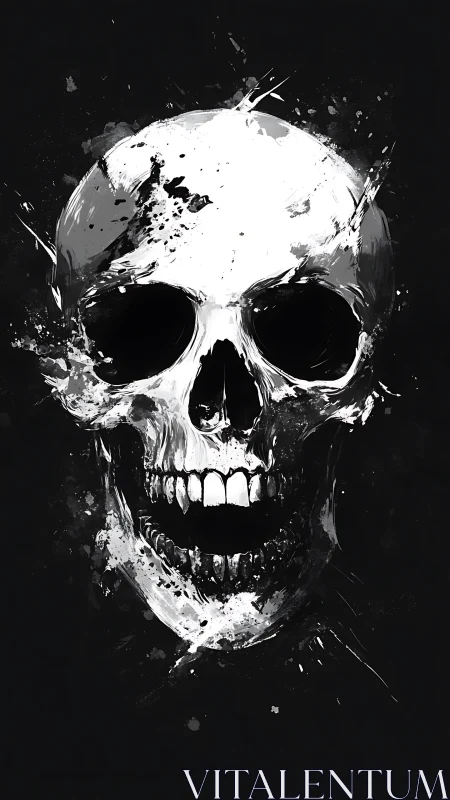 Monochrome human skull rendered with splattered brushwork.