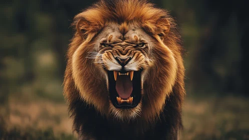 Roaring dusk monarch lion blazing through soft savanna shadows.