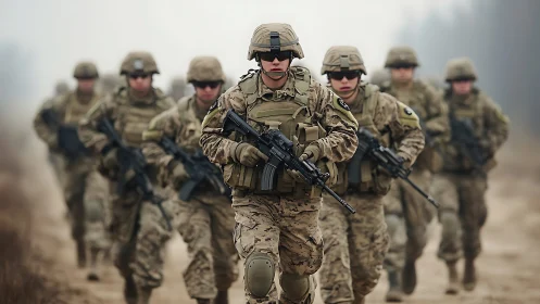 Armed infantry squad advances through fog on tactical exercise