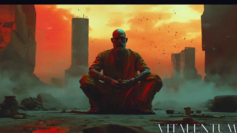 Meditative monk in apocalyptic ruins under burning sky.