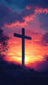 Sunset cross silhouette against vivid magenta sky gradient.