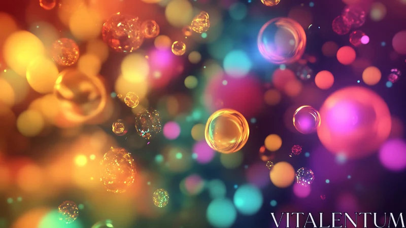 Glowing bubbles drift through a dreamy rainbow galaxy of light