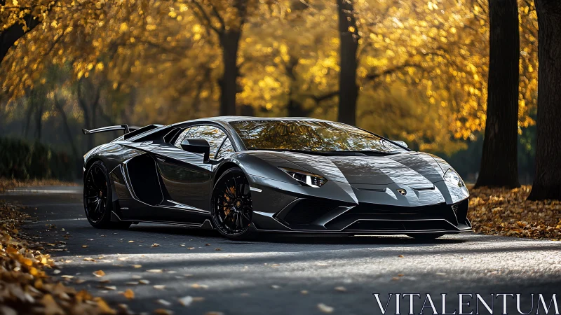 Black sports coupe parked on tree lined autumn roadway.
