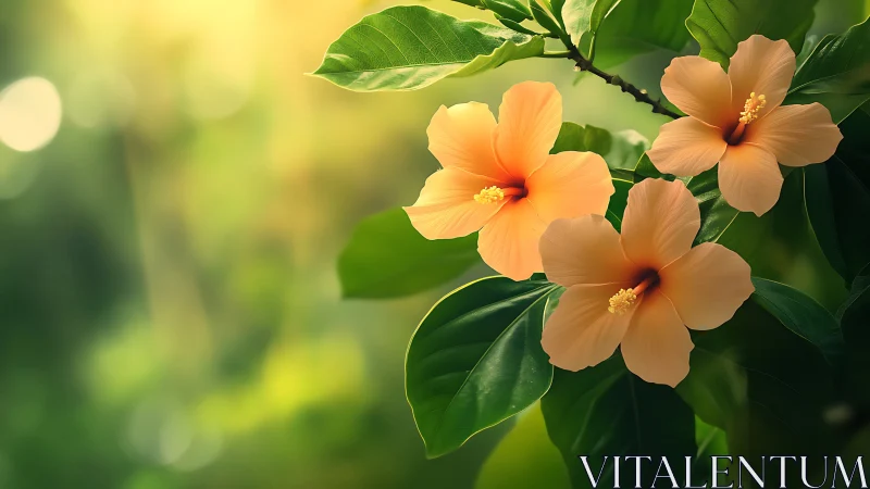 Peach Hibiscus Blooms in Soft Garden Light.