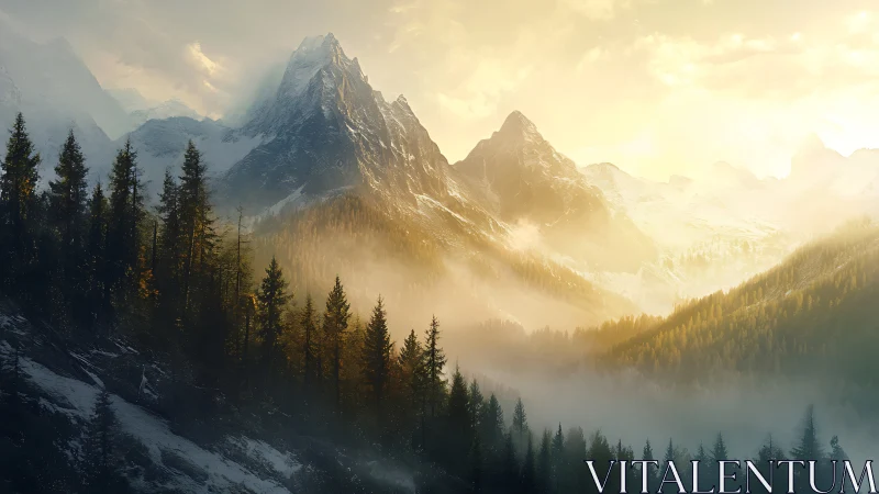 Sunlit alpine peaks emerge above misty evergreen forest.