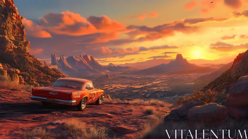 Red classic car overlooks structured desert valley sunset