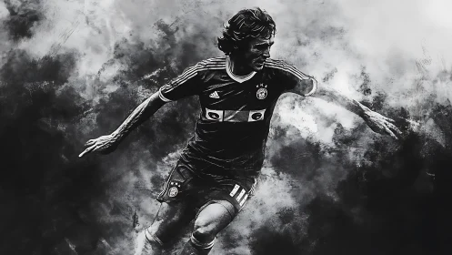 Storm-lit soccer sprint in bold monochrome motion painting.