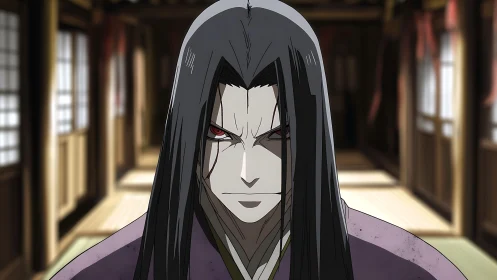 Long haired anime character stands in wooden corridor interior