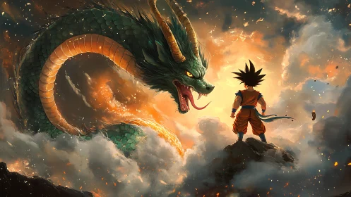 Warrior confronts colossal dragon within blazing storm clouds