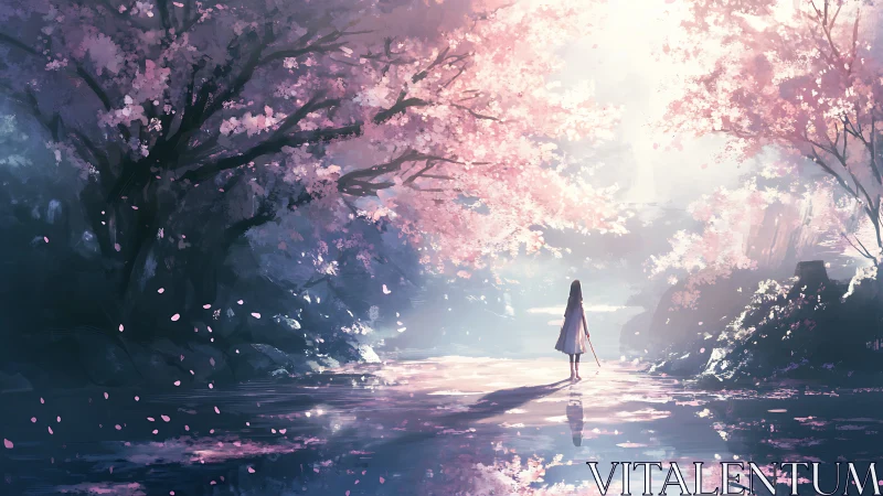 Whispers of cherry blossom light guide a lone dreamer home.