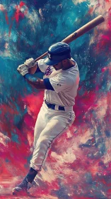 Baseball batter swinging against vivid abstract backdrop.