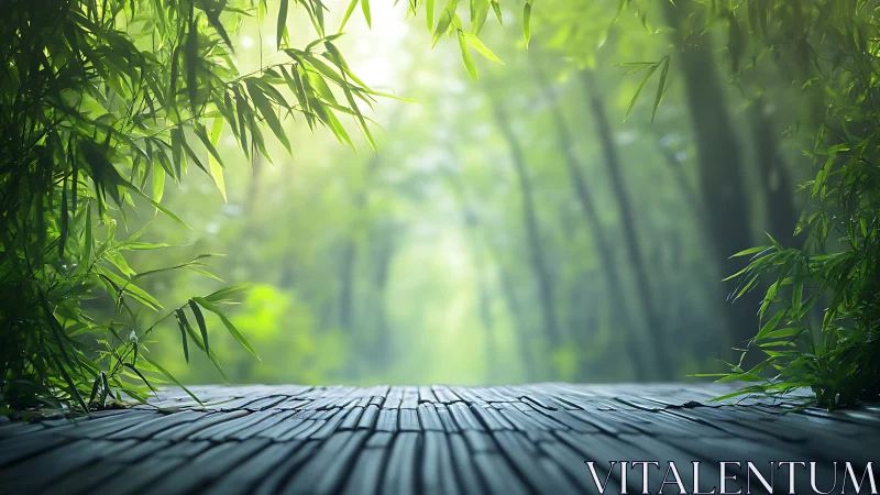 Tranquil Bamboo Forest with Wooden Pathway.