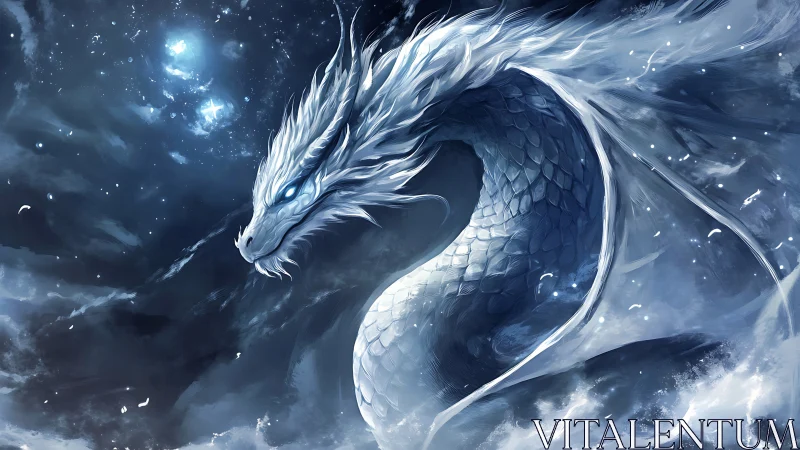 White scaled dragon in swirling nocturnal sky scene.