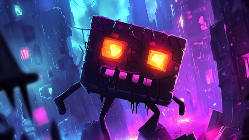 Block-shaped creature in neon-lit rainy urban scene.