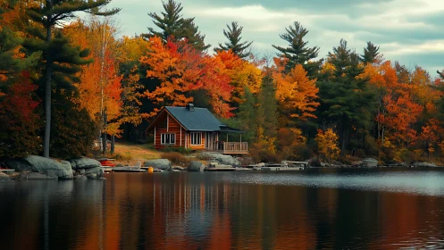 Lakeside log cabin sits among dense autumn forest reflections