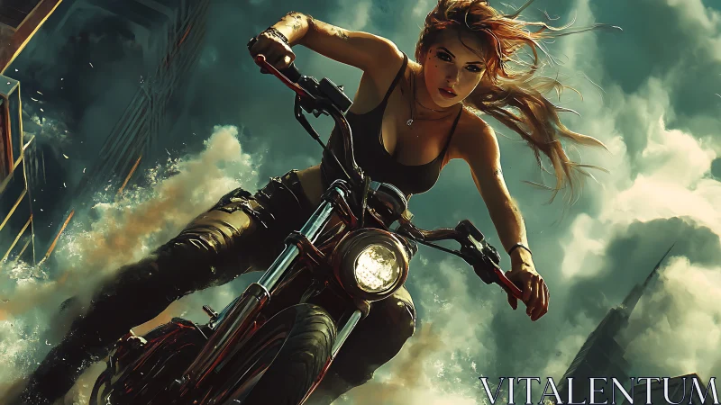 Motorcycle rider speeds through stormy futuristic city streets