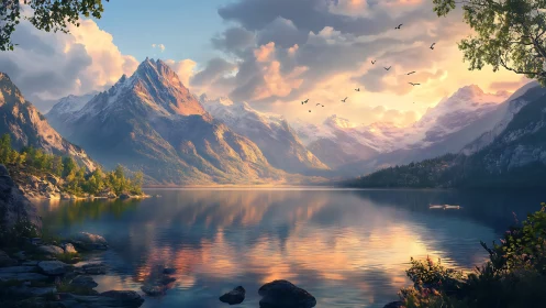 Sunlit alpine peaks mirrored on tranquil mountain lake.