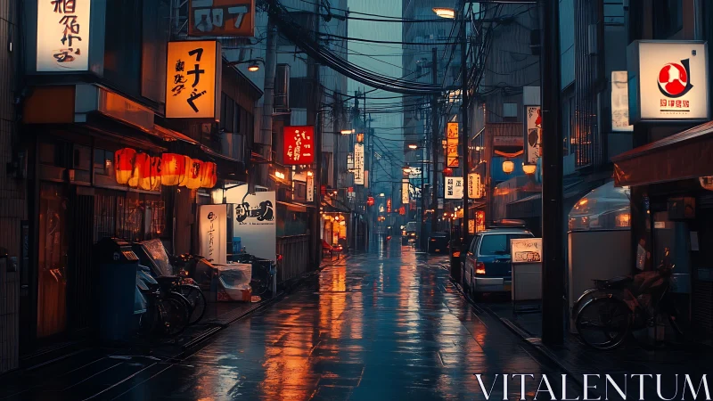 Rain-soaked Tokyo alley glows under neon izakaya lights