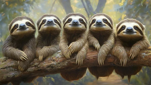Five baby sloths lined on mossy branch in soft forest light.