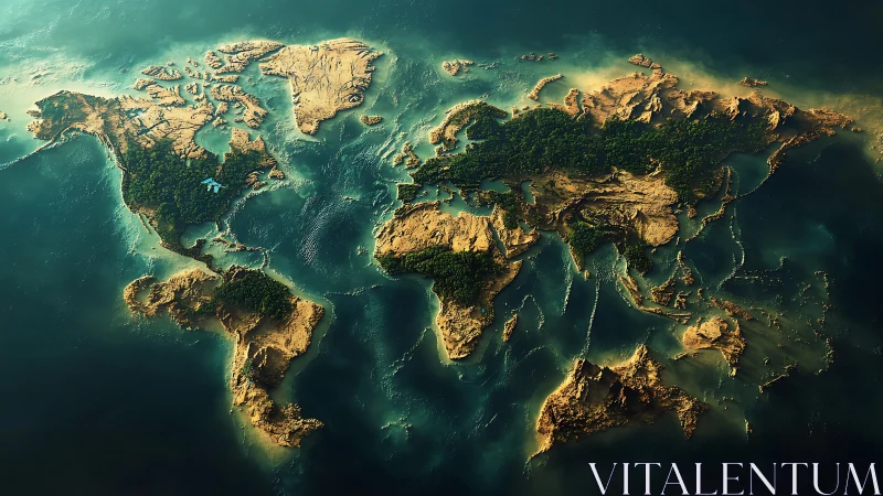 Three dimensional world map formed by land and forests.