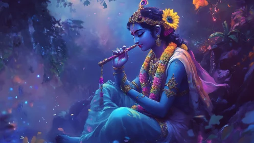 Divine blue figure playing flute in luminous forest aura.