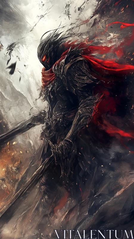 Shadow-clad dark knight with molten eyes and red scarf.