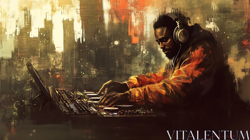 DJ mixes deep urban beats over glowing abstract city soundscape
