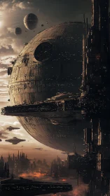 Orbital megastructure eclipsing stratified dystopian cityscape.