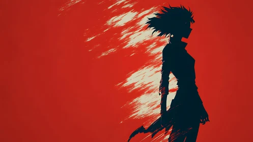 Silhouetted warrior against red abstract energy field.