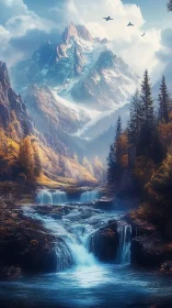 Sky-scraping crystal peaks above spellbound sapphire falls.